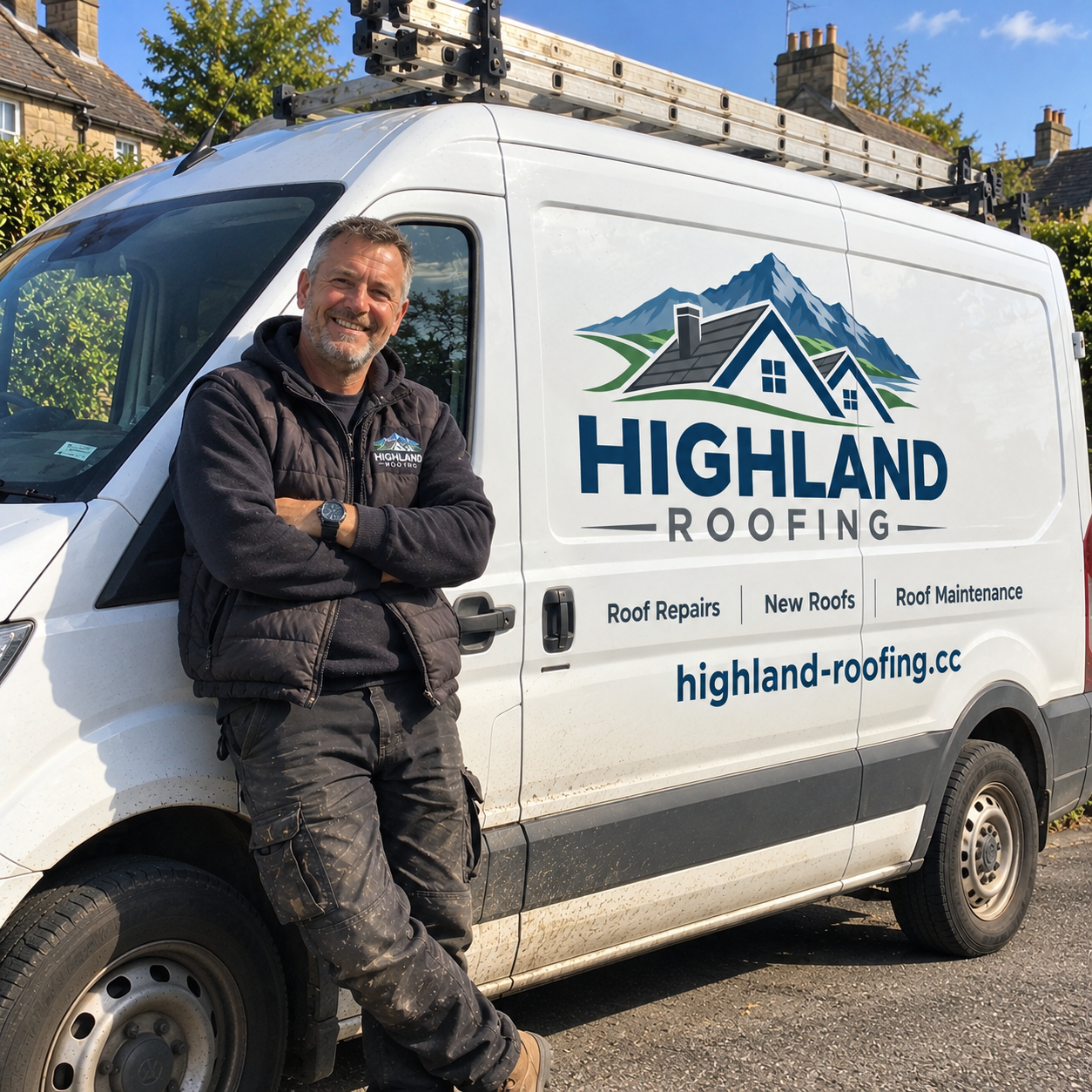 Noah, owner of Highland Roofing, with the company van